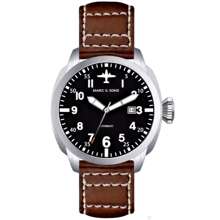 Marc & Sons Elegance Brown Professional Automatic Pilot Men's Watch 46mm 10ATM Black Dial/Brown Band - Click Image to Close